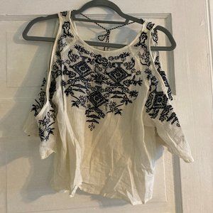 H&M Coachella white cold shoulder boho top with blue embroidery